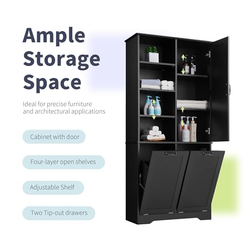 Tall Storage Cabinet with Door and Open Shelf, Multi-Functional Laundry Hamper Basket for Home Bathroom, Laundry Room, Black - color: Black