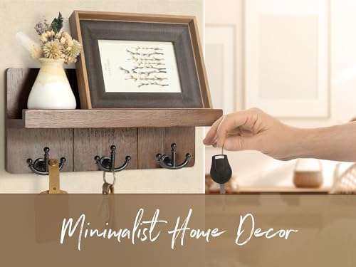 Rebee Vision Farmhouse Key Holder for Wall with Shelf: Decorative Mail Organizer and Key Rack Wall Mount with 3 Anchor Hooks - Rustic Entryway Decor (Retro Brown) - color: Brown