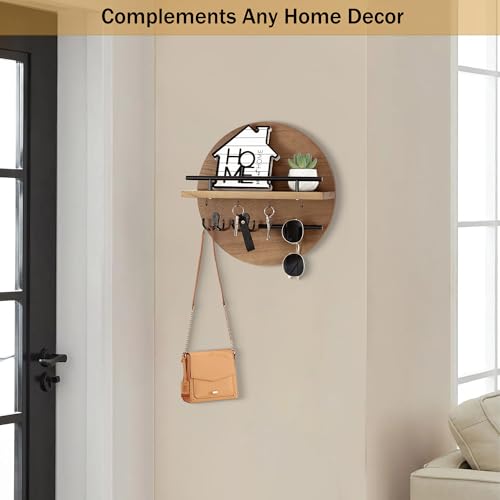 dreampossible Key Holder for Wall Decorative with Shelf and Hooks, Mail Organizer Wall Mount with Sunglasses Holder, Circular Design Entryway Key Rack Hanger, Rustic Home Decor - color: Rustic Brown