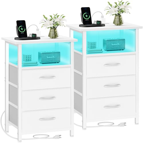 Vagusicc Night stand Set 2 with Charging Station, LED Nightstand for Bedroom, White Bedside Table with 3 Fabric Drawer, End Table Side Table with USB Ports & Outlets, Bed Side Table for Bedroom, White - color: White, size: 2 Pieces, style: With LEDs
