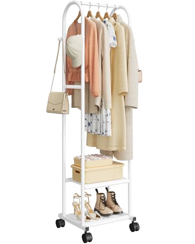 Sakugi Heavy Duty Premium Clothes Rack with 2-Tier Mesh Shoe Shelves & 4 Hooks, Lockable Wheels, Space-Saving, Multi-Functional for Bedroom, Entryway, Closet, Modern Design, 18.4" x 12.6" x 72", White - color: White