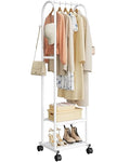 Sakugi Heavy Duty Premium Clothes Rack with 2-Tier Mesh Shoe Shelves & 4 Hooks, Lockable Wheels, Space-Saving, Multi-Functional for Bedroom, Entryway, Closet, Modern Design, 18.4" x 12.6" x 72", White - color: White
