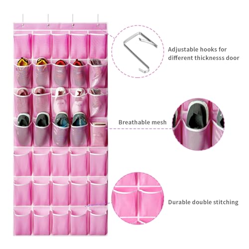 SAVERHO 35 Pockets Over the Door Shoe Organizer, Hanging Shoe Organizer for Door with 35 Mesh Pockets Large Capacity Shoe Hanging Storage Bag with 4 Metal Hooks (Pink-1Pack) - color: Pink-1pack of 35 pocket