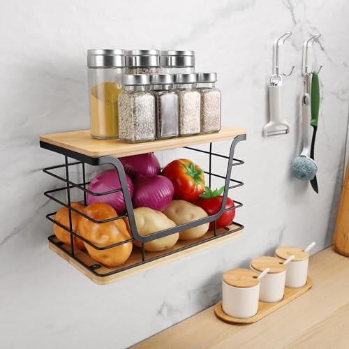 ALOCEO Large Wire Basket for Kitchen Pantry, Stainless Steel Kitchen Counter Organizer for Potato Onion, Trash Bag Dispenser Under Sink with Bamboo Top, Black - color: 1-pack - XL Bamboo Bottom Black