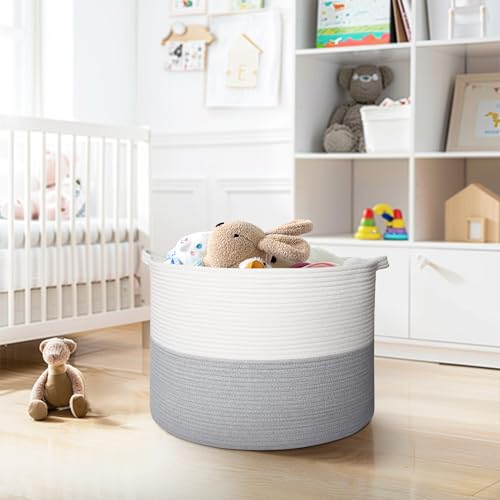Extra Large Blanket Basket, 22"x14" Woven Cotton Rope Baskets for Organizing, Kids Dog Toy Bin Box, Large Wicker Blanket Storage for Living Room, Throw Pillow Holder Organizer, Gray/White - color: Gray and White