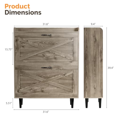 VINGLI Shoe Storage Cabinet for Entryway with 2 Flip Drawers, Ultra Slim Freestanding Entryway Shoe Organizer with Wood Tapered Legs,Hidden Closed Shoe Rack,31.6" W * 9.4" D * 39.4" H, Grey Oak - color: Rustic Grey Oak, size: 31.5"W 2 Drawers