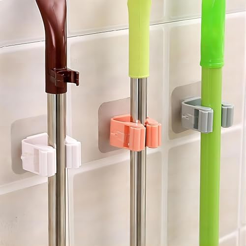4Pcs Broom Holder Mop Hanger Wall Mount Hook Plastic Easy Install No-Drill Strong Adhesive Organizer - color: White, size: 4 Pcs