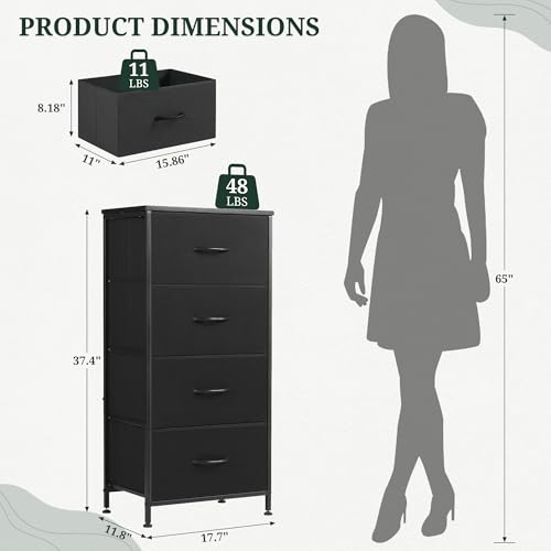 Nightstand Upgraded, 4 Drawer Dresser End Table Bedside Furniture with Wooden Top Steel Frame Fabric Bins for Bedroom, Closet, Entryway, Dorm, Living Room, Soft Black - color: Soft Black, size: 11.8"D x 17.7"W x 37.4"H (4 Drawers)