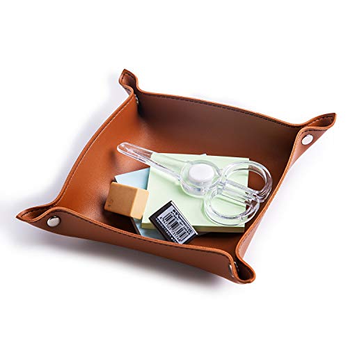 SANQIANWAN PU Leather Jewelry Valet Tray for Women and Men, Portable Entryway Table and Bedside Nightstand Desk Catchall Travel Dish Plate for Key, Wallet, Watch, Coin (Brown-B) - color: Brown-b, size: 7" x 7" x 1.7"