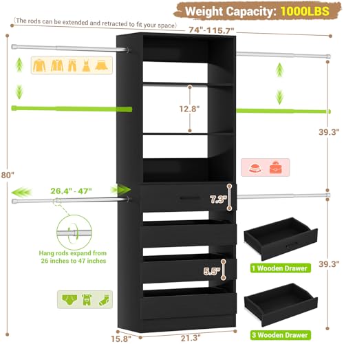 Aheaplus Closet System, 4-9Ft Closet Organizer with 4 Wooden Drawers, Wood Closet Organizer System with Tower, Walk-in Closet Organizer Wardrobe Clothes Rack with 4 Hanging Rods, Garment Rack, Black - color: Black