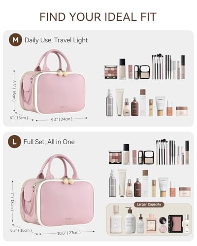 Prite Makeup Bag for Women, Large Capacity Waterproof Travel Cosmetic Organizer, Portable Open Flat Toiletry Bag with Free-standing Brush Holder and Handle(Pink Large) - color: Pink, size: Large