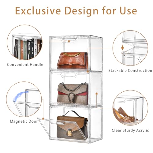 3 Pack Clear Storage Bins with Lids, Storage Containers with Magnetic Door, Stackable Acrylic Display Case for Handbags, Cosmetic, Multifunctional Storage Boxes for Dorm, Living Room, Bedroom Storage - size: 3pack