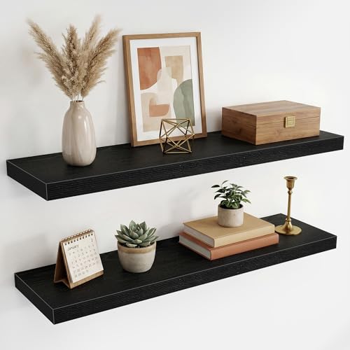 36 Inch Black Floating Shelves for Wall,9.3" Deep Long Floating Shelf Set of 2,Wood Wall Mounted Shelves Farmhouse Home Decor,Wall Storage Shelf for Bathroom Bedroom Living Room Kitchen Office,Black - color: Black, size: 36 Inch,Set of 2