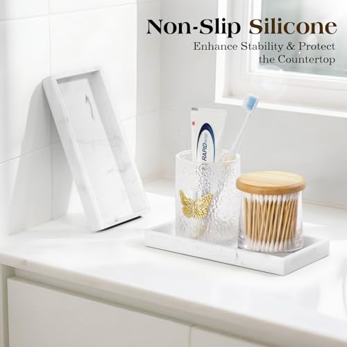 Luxspire Bathroom Vanity Tray - 2 Pack (7.9" x 4") Silicone Soap Dish for Kitchen Countertop, Bathroom Counter Tray for Soap Dispenser Perfume Jewelry Accessories, Marble White - color: Marble White, size: 7.87 × 3.94 × 0.79 in