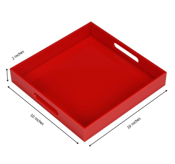 Sturdy Red Acrylic Serving Tray with Handles - 10x10Inch, Coffee/Appetizer/Butler Tray - Kitchen Countertop & Vanity Table Organizer - color: Glossy Red, size: 10" x 10" x 2"
