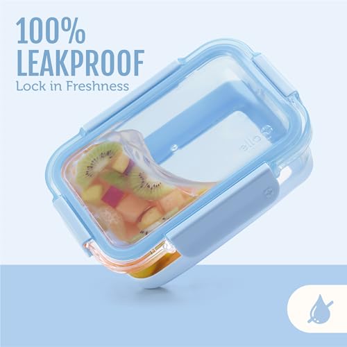 Ello Duraglass 3.4 Cup Meal Prep Sets 10Pc, 5 Pack Set- Glass Food Storage Container with Silicone Boot and Airtight BPA-Free Plastic Lids, Dishwasher, Microwave, and Freezer Safe, Halogen Blue - color: Halogen Blue with Boot, size: 3.4 Cup