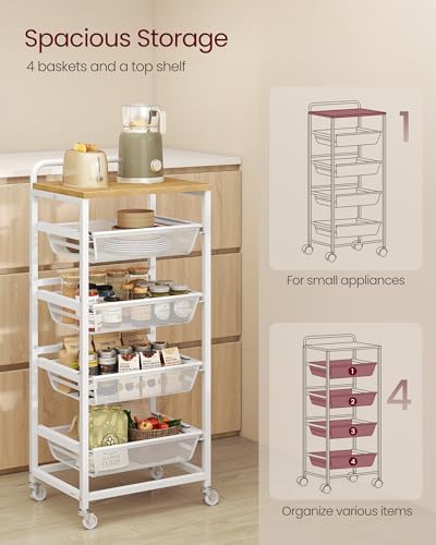 VASAGLE Storage Rolling Cart with Pull-Out Baskets, 5-Tier Utility Cart Orgnizer with Wheels for Laundry Room, Kitchen, Handle, 12.5 x 15.8 x 37.4 Inches, Golden Oak and Matte White ULRC041YA01 - color: Golden Oak + Matte White, size: 5 Tiers