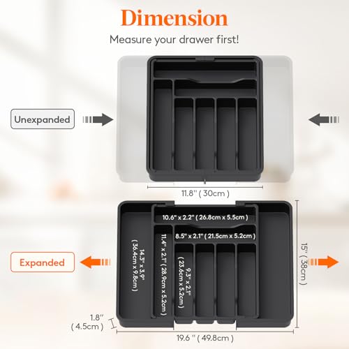 Lifewit Utensil Organizer for Kitchen Drawer, Expandable Cooking Silverware Tray, Adjustable Cutlery Flatware Holder, Plastic Spatula Tools Storage Divider, 11.8-19.6 x 15", Black - color: Black, size: L (11.8-19.6"W × 15"D )