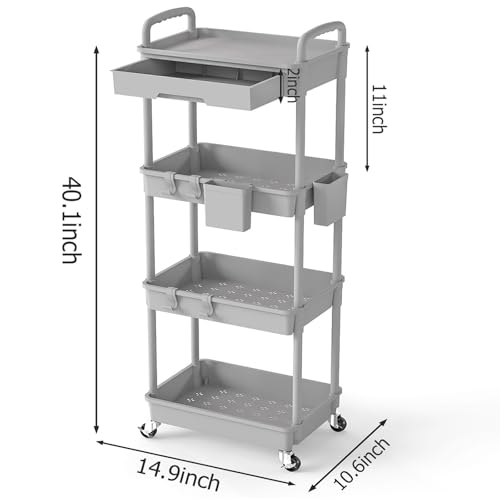 4 Tier Rolling Utility Cart with Drawer, Plastic Storage Organizer Rolling Carts with Wheels Handles Hanging Cups Hooks for Office, Bathroom, Kitchen,Craft Art Room (Grey) - color: Gray, size: 4-Tier