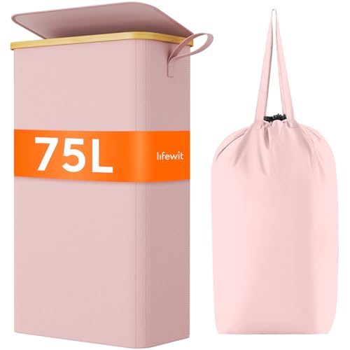 Lifewit 75L Slim Laundry Hamper with Lid, Narrow Laundry Basket with Removable Bag & Bamboo Handles, Fodable Thin Dirty Clothes Hamper for Laundry Collapsible Bin for Bathroom Bedroom Dorm, Pink - color: Pink, size: 75L