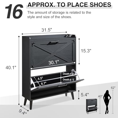 Barnyatoh Shoe Storage Cabinet, Farmhouse Shoe Organizer with 2 Flip Drawers & Barn Door Design, Freestanding Hidden Slim Narrow Shoe Rack Cabinet for Entryway, Foyer, Hallway, Black - color: Black, size: 2-Drawers
