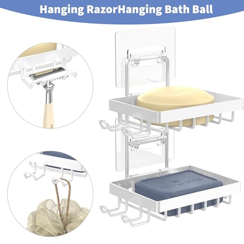 Moforoco White Double Soap Bar Holder for Shower, No Drilling, 304 Rustproof Stainless Steel, Wall Mounted Soap Holder with 4 Hooks and Razor Holder, Shower Rack Soap Tray Bar Soap for Bathroom - color: White, size: 2-T