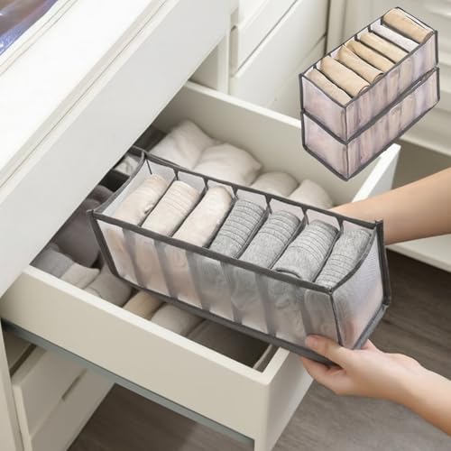 2-Pack Underwear Storage Organizer, 7-Compartment Foldable Drawer Divider for Home, Closet, and Travel Use, Mesh Fabric Organizer Box for Clothing - color: 2 Grey