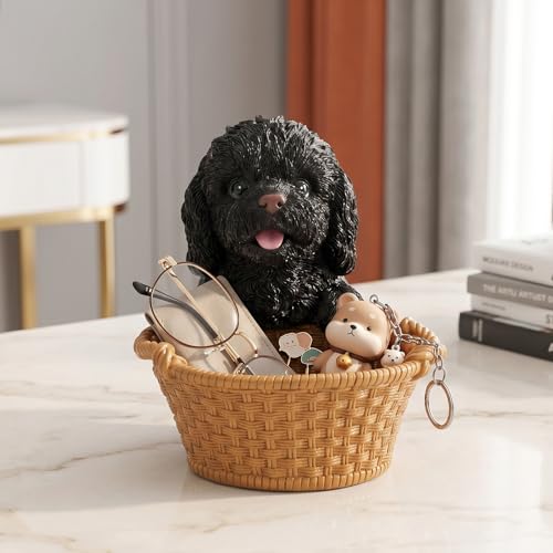 Bedside Nightstand Tray & Catchall Organizer Bowl Featuring Black Poodle - Dog Statue Valet Tray for Watches Wallet & Keys - Sleek Room Decor Accessory - color: Poodle with Wide Bowl - Black, size: Poodle