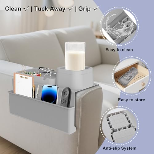KindGa Couch Cup Holder Tray，Super Large Silicone Sofa Armrest Tray with Side Pockets，Anti-Slip Couch Caddy for Drinks/Phone/Remote/Snacks Sofa Table Organizer，Fathers Day Dad Gifts -Slate Gray - color: Slate Gray