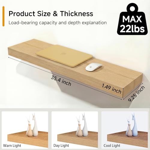 INHABIT UNION Oak Floating Shelves Set of 2，35.43in Wall Mounted Display Ledge Shelves for Bedroom, Bathroom, Living Room and Kitchen Decoration Storage - color: Oak, size: 35 Inch