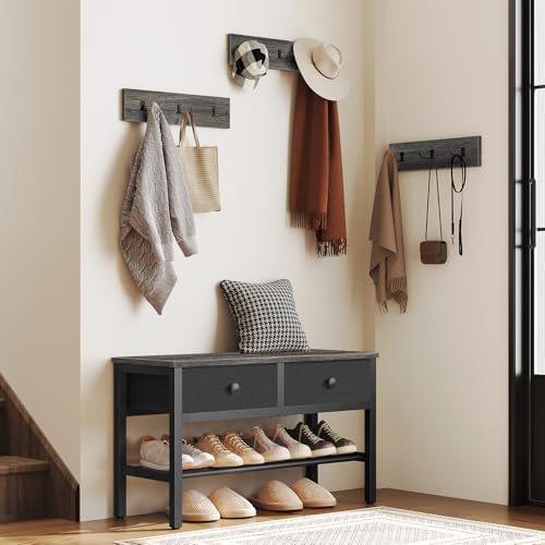 YATINEY Hall Tree with Bench and Shoe Storage, Entryway Bench with Coat Rack, 4-in-1 Coat Rack Shoe Bench, Multifunctional, for Front Door, Hallway, Foyer, Charcoal Grey and Black MT05BC - color: Charcoal Grey + Black