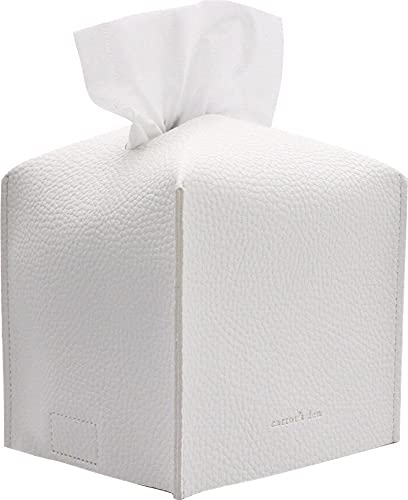 Tissue Box Cover Holder, Square with Bottom Belt by Carrot's Den - PU Leather Decorative Organizer for Tabletop, Bathroom, Car, Office | Pure White - color: Pure White