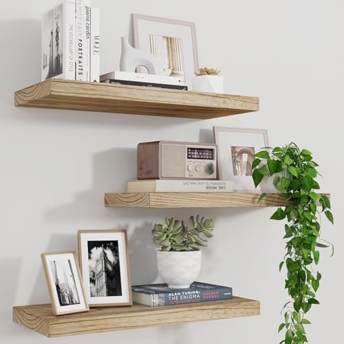 Marsmiles Wood Floating Shelves for Wall Set of 3, 17 Inch Wide Rustic Wooden Floating Shelves, Invisible Wall Mounted Display for Living Room Bedroom Kitchen Bathroom Office, Carbonized Black - color: Carbonized Black, size: 17inch, Set of 3