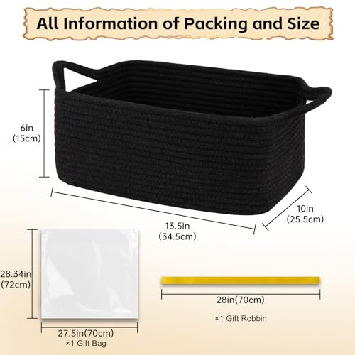 OIAHOMY Woven Basket, Gift Basket Empty with Gift Bags and Ribbons, Rope Baskets for Baby Showers, Storage Baskets with Handles for Nursery, Pet Toy Organizer- Black - color: Black, size: Medium: 13.5L*10W*6H