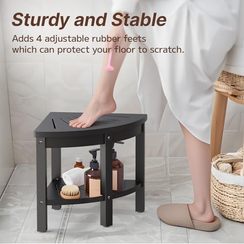 Shower Stool for Inside Shower, Corner Shower Stool, Shower Bench Seat with Storage Shelf for Shaving Legs Plastic Spa Bath Step Foot Rest for Bathroom Small Place - color: Black