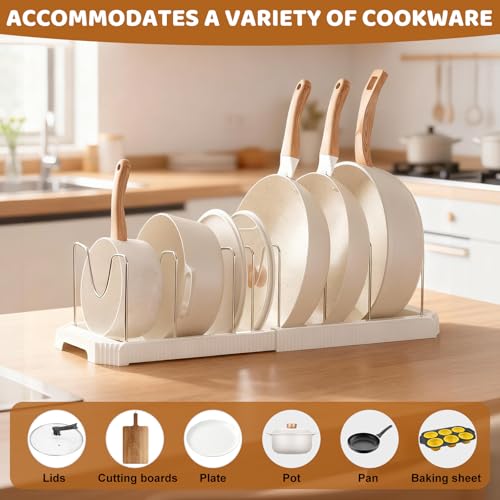 Pots and Pans Organizer Under Cabinet, 14-Slot Expandable Pot Rack Organizer with Cup Brush, Kitchen Pots and Pans Organizer for Cookware, Lids, Bakeware, Cutting Boards Tool-Free Installation (White) - color: White