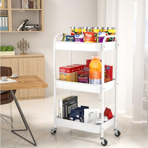 3-Tier Rolling Metal Storage Cart with Wheels, Multi-Functional Organizer for Office, Kitchen, Bathroom, Books Diapers - Easy Assembly (White) - color: White