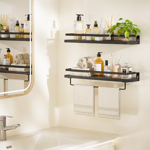 AMADA HOMEFURNISHING Bathroom Shelves with Towel Bar, Floating Shelves, Wall Shelves for Bathroom/Living Room/Kitchen/Bedroom, Black, Set of 2 - AMFS01B - color: Black