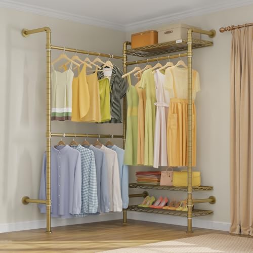 Timate L2 Wall Mounted Clothes Rack Industrial Pipe Clothing Rack for Hanging Clothes, Adjustable Expandable Garment Rack Heavy Duty Closet Organizer, Gold Mounted Closets Industrial Closet System - color: Gold