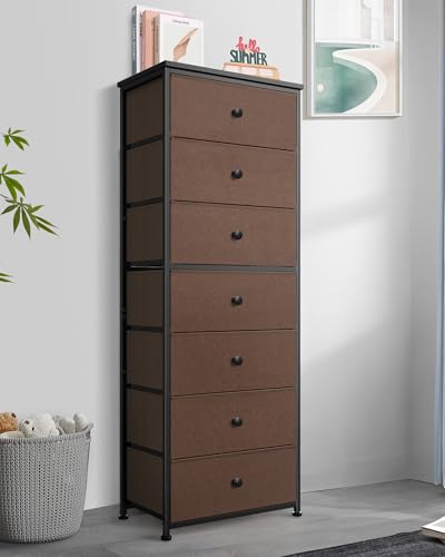 Mifuro Tall Fabric Dresser for Bedroom, Vertical Storage Organizer Tower with 7 Drawers, Chest of Drawers with Bins, Steel Frame, Wood Top for Bedroom, Closet, Entryway Grey - color: Brown, size: 7 Large Drawers