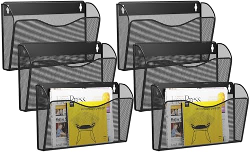 6 Single Pocket Wall File Holder, Mesh Hanging File Folder Paper Organizer, Vertical Wall Mounted Mail Basket, Storage Organization Magazine Rack for Office, Home and School, Black - color: Black, size: 6 Pack Wall Mounted
