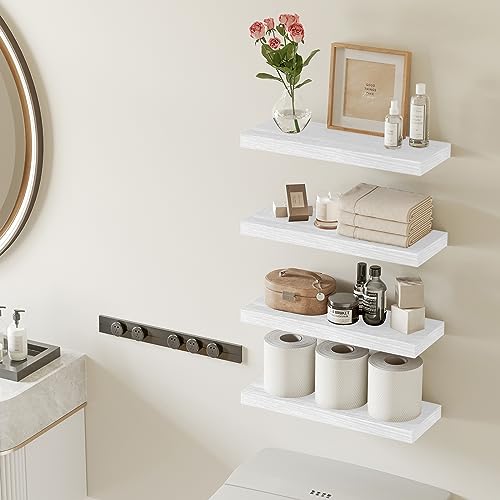 Fixwal White Shelves for Wall, 15.8in Rustic Wood Finish Floating Wall Shelves Set of 4, Shelves for Wall Decor, with Invisible Brackets for Bathroom, Living Room,Bedroom and Kitchen - color: White
