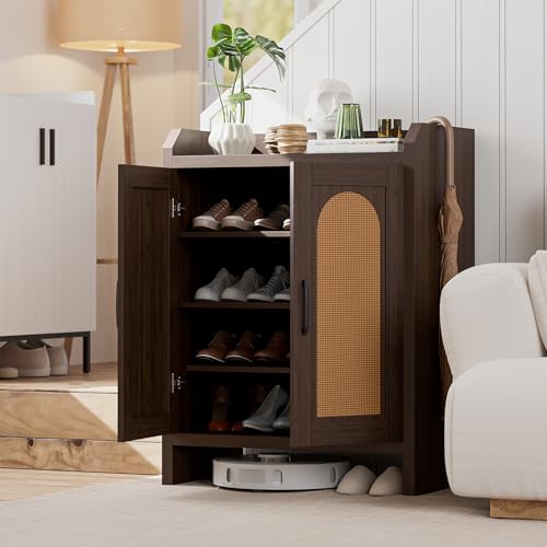 Mericonia Shoe Cabinet Storage for Entryway, Natural Rattan Storage Cabinet, Wooden Shoe Rack, Farmhouse Boho Wood Shoe Organizer Cabinet for Hallway Walnut - color: Walnut, size: 5-tier
