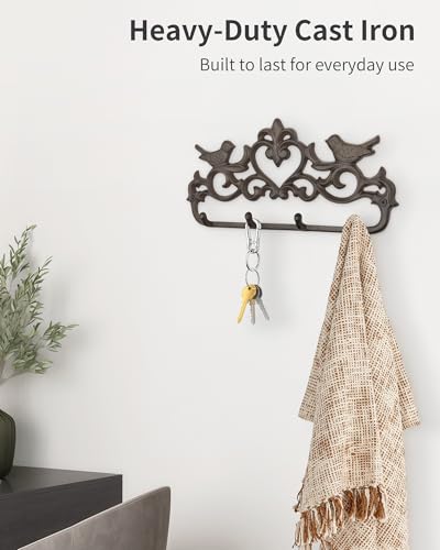 Vintage Cast Iron Wall Mounted Coat Rack with 4 Hooks - Rustic Wall Hook Rack, Farmhouse Key Holder, Heavy Duty Towel Hanger, Decorative Bird & Heart Design, Antique Black-Brown