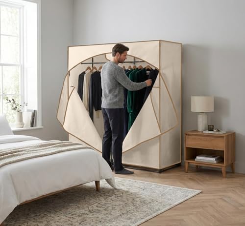 HOLDN’ STORAGE Portable Wardrobe Closet - 65 lb Large Capacity, Internal Heavy Duty Metal Rod, Zipper & Clear Window, Durable Clothes Organizer, Tool-Free Easy Assembly, Beige Canvas Cover - color: Beige, size: Large