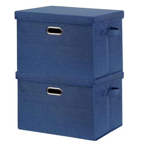 SNWDN 2 Pack Large collapsible Fabric Storage Bins with Lids Fabric storage box with lids for Household and office use (Dark Blue 17.3x11.4x11.8 inches) - color: Dark Blue, size: Large（2-Pack 17.3*11.4*11.8 Inches）