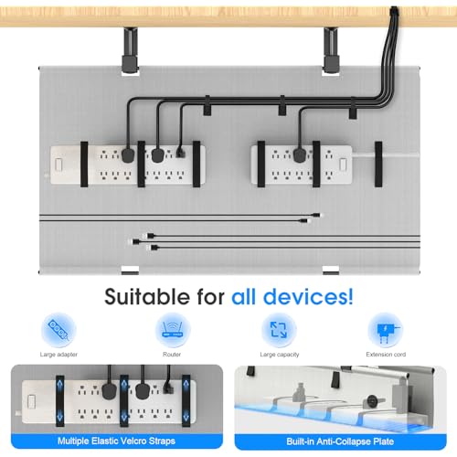 Under Desk Cable Management Tray, 30-inch No-Drill Cord Organizer with Anti-Sag Reinforced Base, Fabric Wire Management Hider for Standing Desk, Office & Gaming Accessories - Grey - color: Grey, size: 30 inch