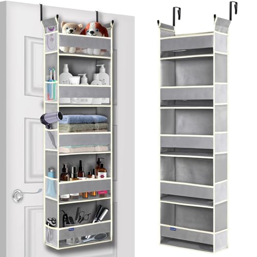 Over The Door Organizer 5-Shelves and 10 Side Pockets, Over The Door Storage for Bathroom Bedroom Nursery, Hanging Door Organizer for Baby Diapers and Kids Toys (13"x5"x44", Grey) - color: Grey, size: 5-Shelf Over Door Organizer