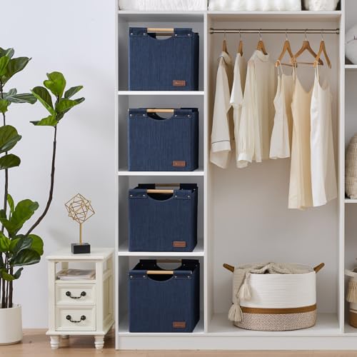 KAKAMAY Collapsible Cube Storage Bins 15x13x13 Inches Dark Blue 2-Pack, Foldable Storage Organizer Wooden Handles Fabric Baskets for Living Room Shelves, Bedroom Nursery Closet Toys, Clothes, Laundry - color: Dark blue