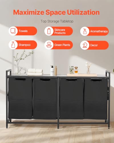 VEVOR 4 Section Laundry Sorter, Large Laundry Hamper with Metal Frame and Wooden Tabletop, Freestanding Storage Organizer Baskets with Pull-Out 600D Oxford Cloth Bags for Dirty Clothes, Bathroom - style: 4 Section